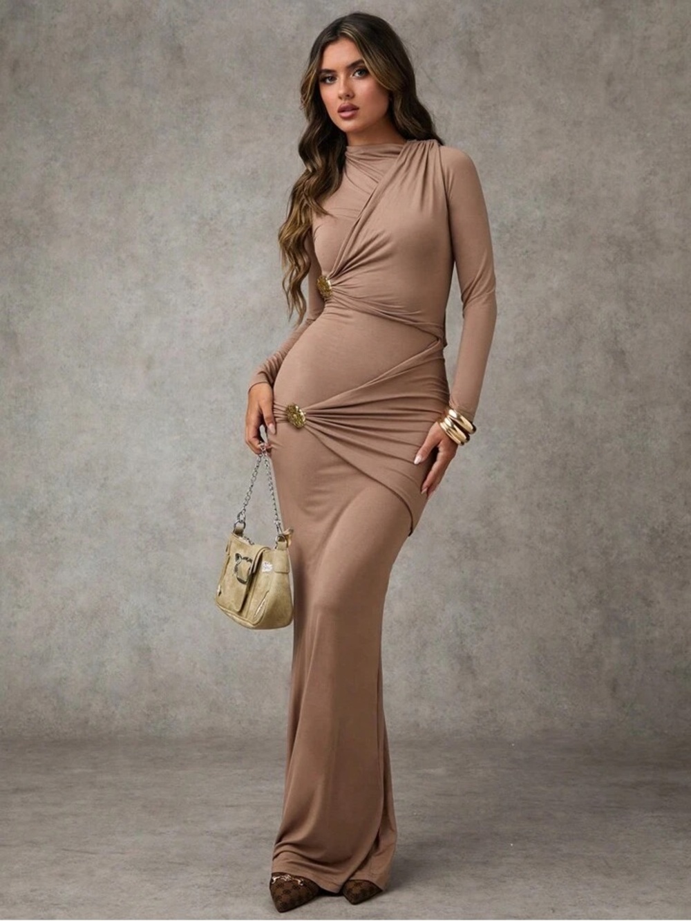 Vintage Long Sleeve Maxi Dress in Taupe